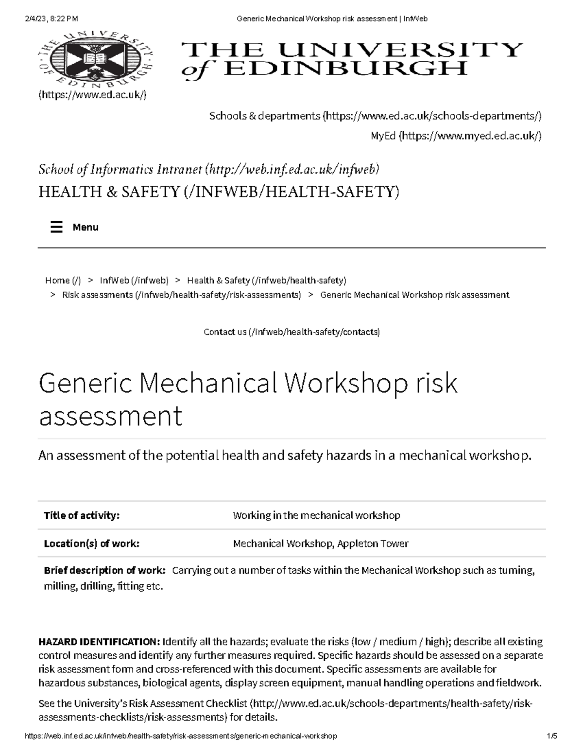Generic Mechanical risk assessment Inf  (ed.ac/) Schools & departments Studocu