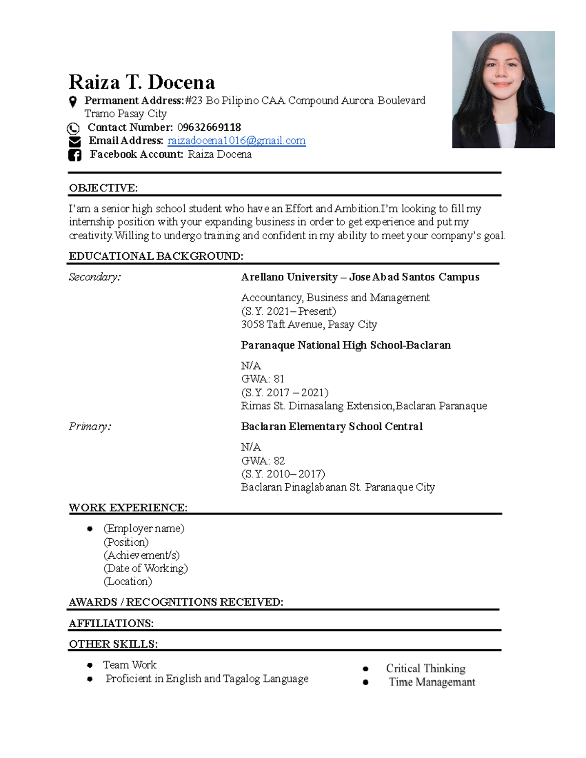 Docena- Resume - For g12 - Raiza T. Docena Permanent Address:#23 Bo ...