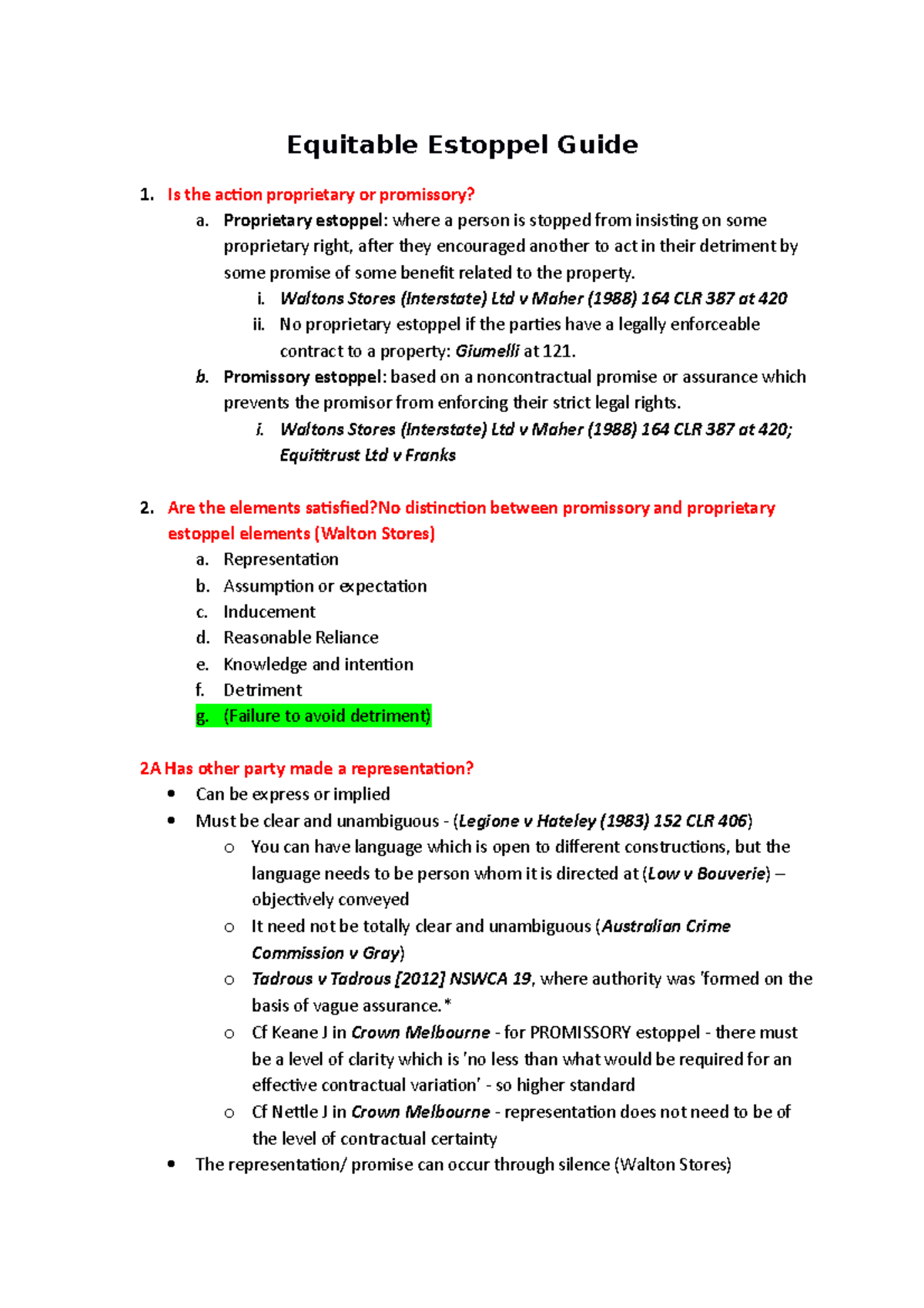 Equitable Estoppel Guide - LAW 2502 - Adelaide University - Studocu