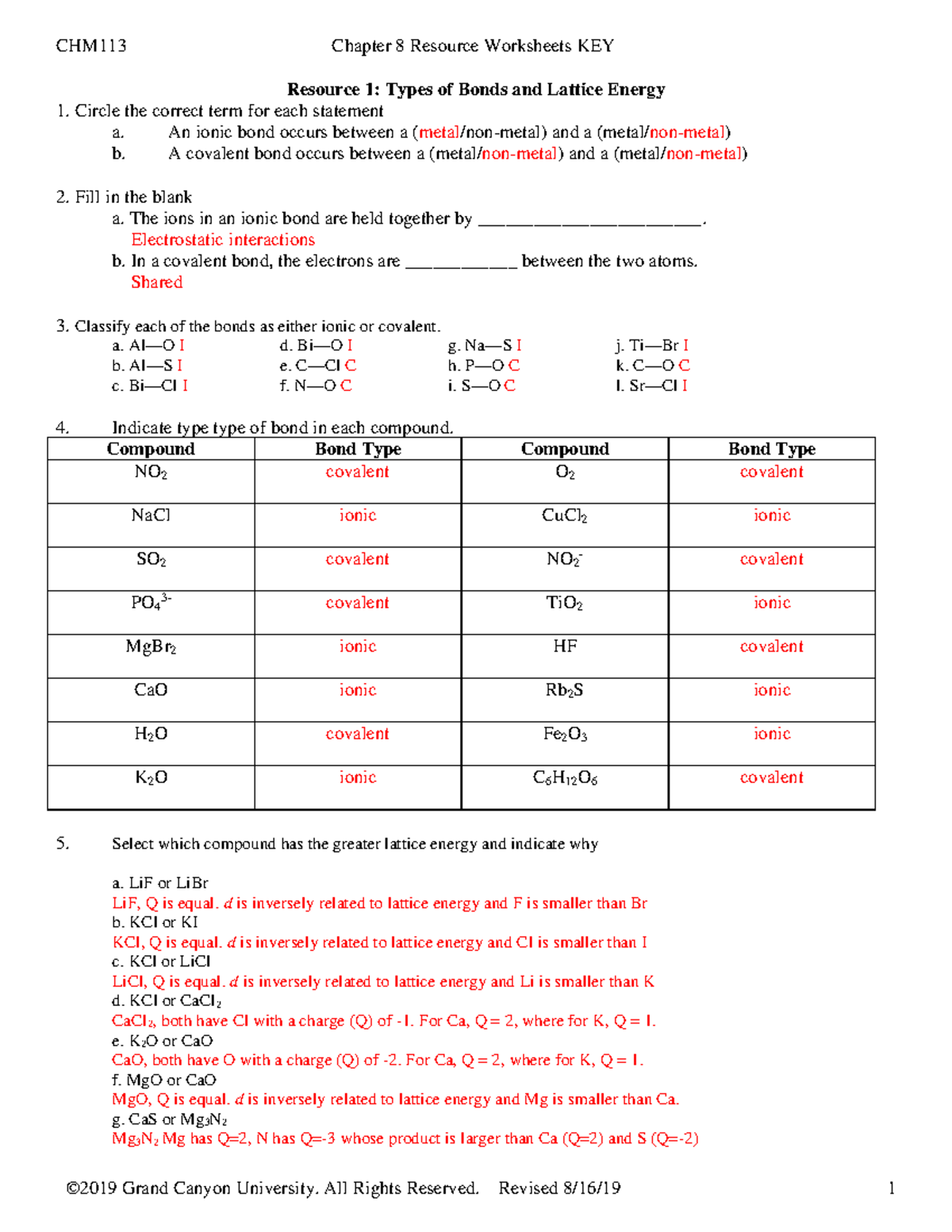 Chapter 8 Worksheet - Resource 1: Types of Bonds and Lattice Energy 1 ...