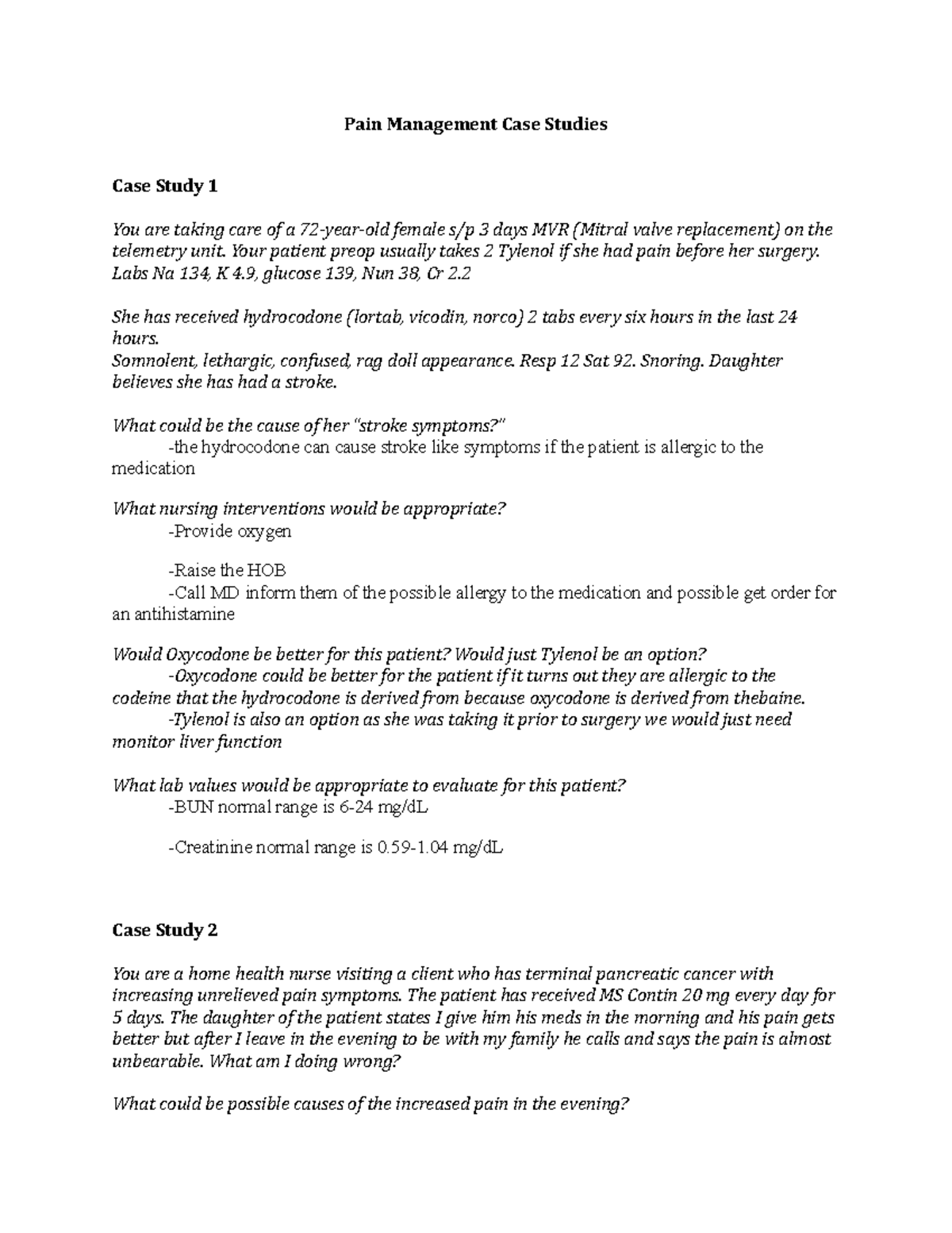 pain management 3.0 case study test