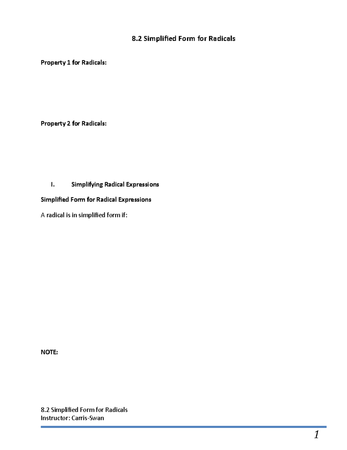 8.2 Simplified Form for Radicals - 8 Simplified Form for Radicals ...