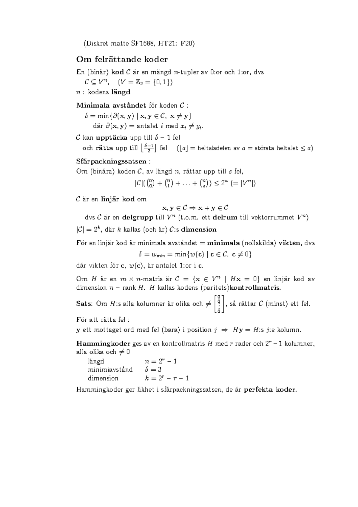 Rekap 20 - Tyyyytt - (Diskret matte SF1688, HT21: F20) Om felr ̈attande ...