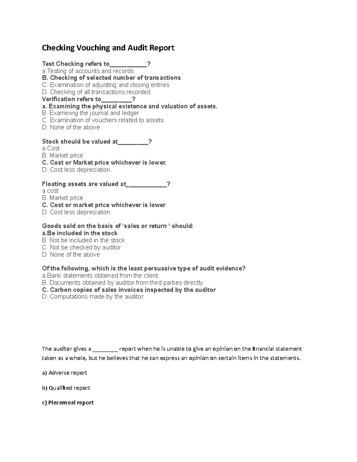 Audit MCQ VI Sem - useful for MCQ - Checking Vouching and Audit Report ...