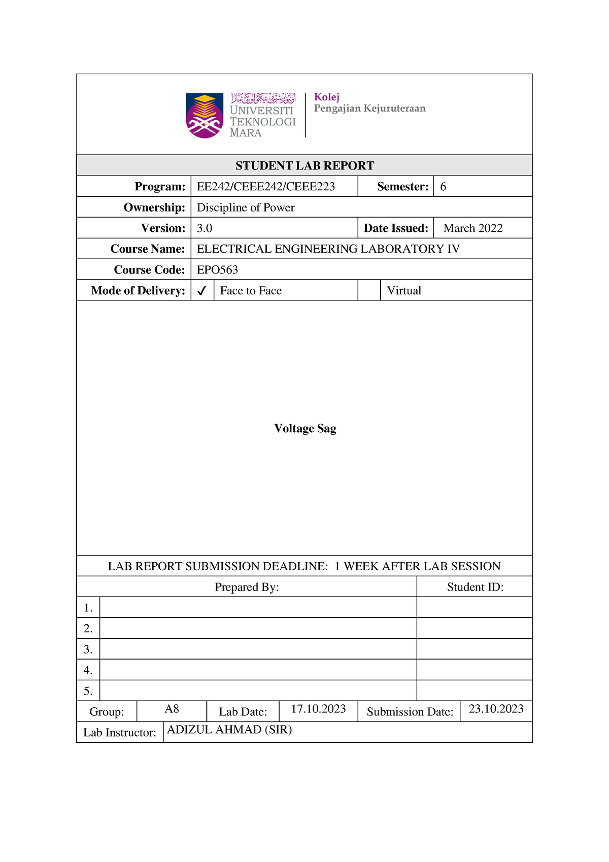 EPO 563 A8 PU 1 - LAB REPORT PU 1 - STUDENT LAB REPORT Program: EE242 ...