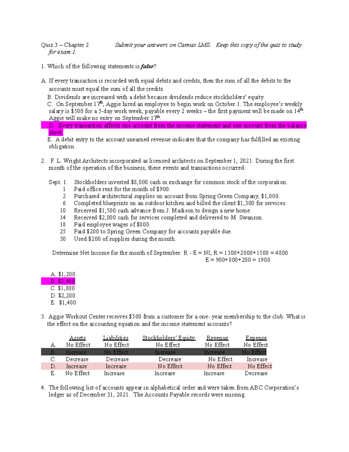 Acct 230 Quiz 3 – Chapter 2 - Quiz 3 – Chapter 2 Submit Your Answers On ...