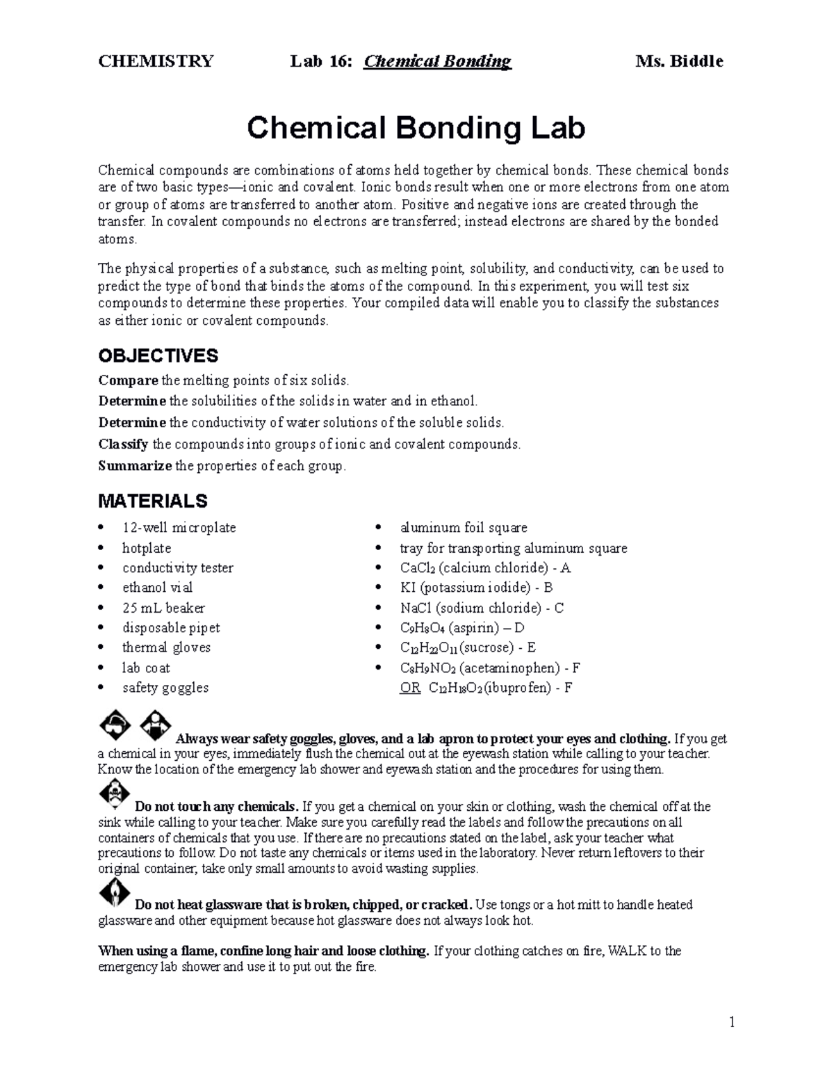 Lab16 Chemical Bonding Lab CHEMISTRY Lab 16 Chemical Bonding Ms