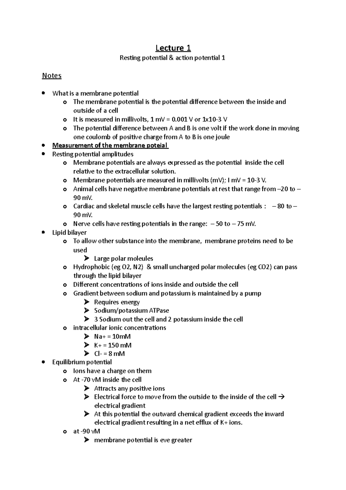 Potentials Notes 1 - Lecture 1 Resting potential & action potential 1 ...
