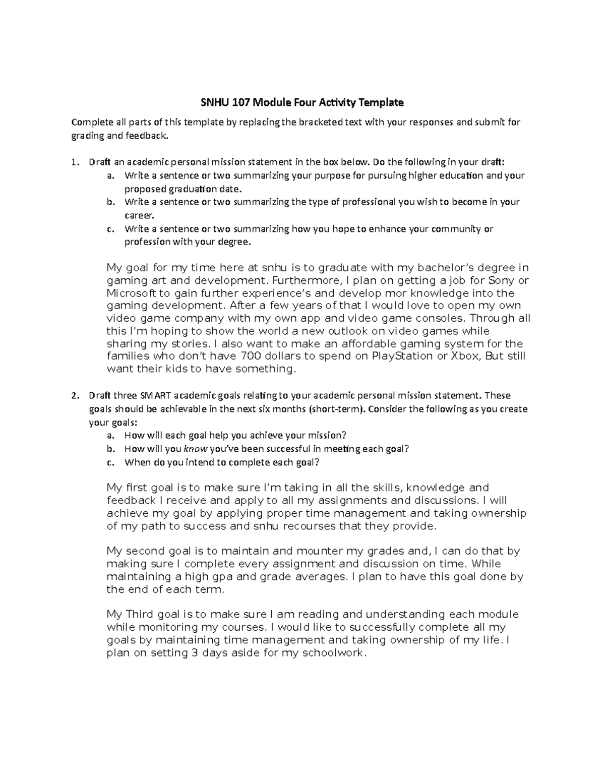 Module 4 activity - SNHU 107 Module Four Activity Template Complete all ...