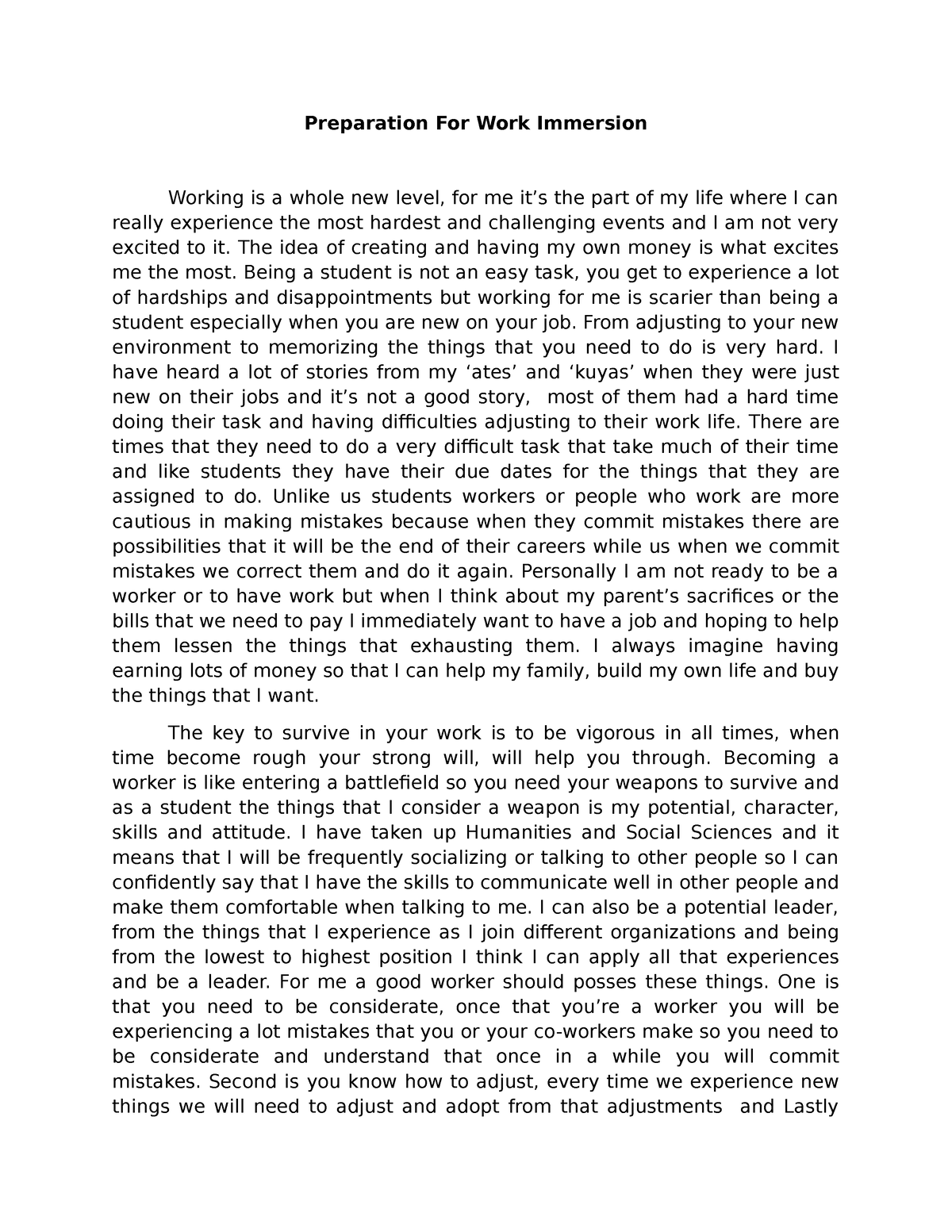 preparation for work immersion essay