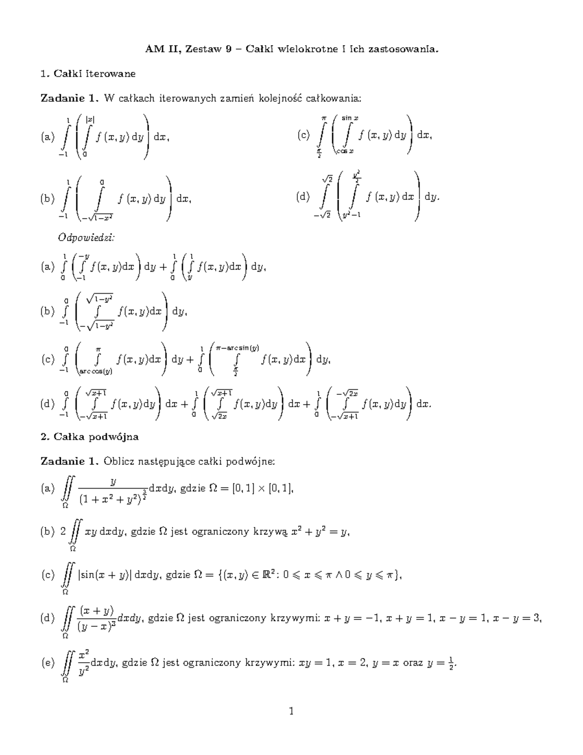 AM 2 Seria 9 (odp) - Lista Zadan Z Analizy - AM II, Zestaw 9 – Całki ...