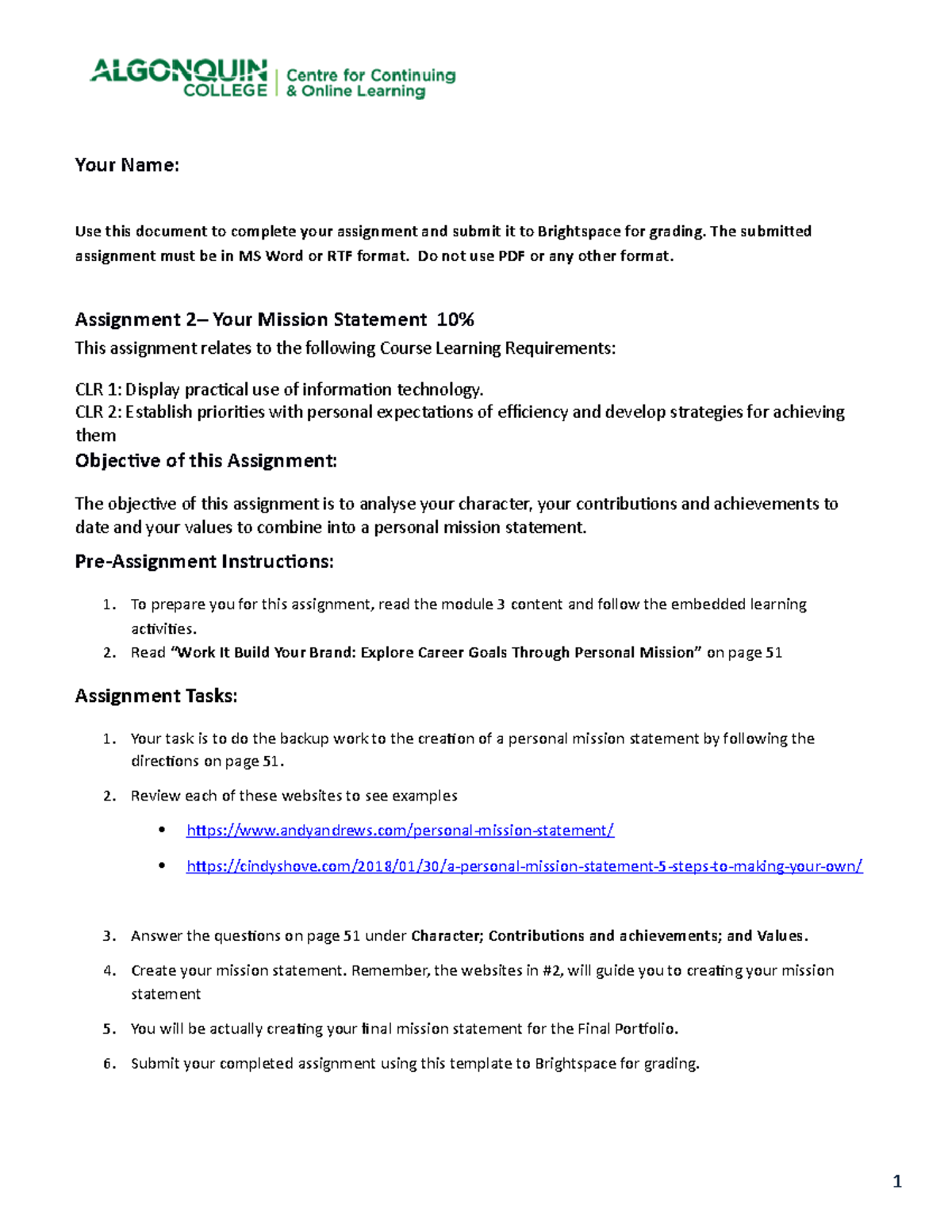 Assignment 2 Instructions Your Mission Statement - Your Name: Use this ...