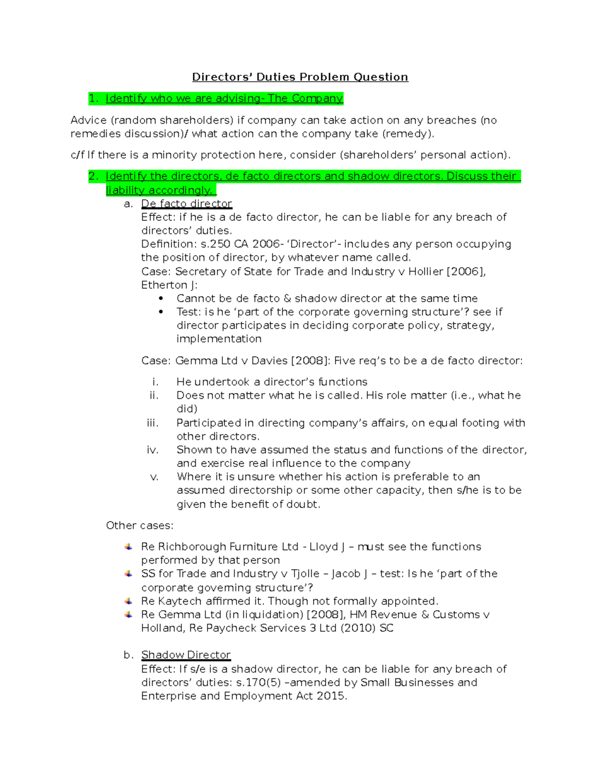 Directors Duties Pq Structure Directors Duties Problem Question Identify Who We Are Advising Studocu
