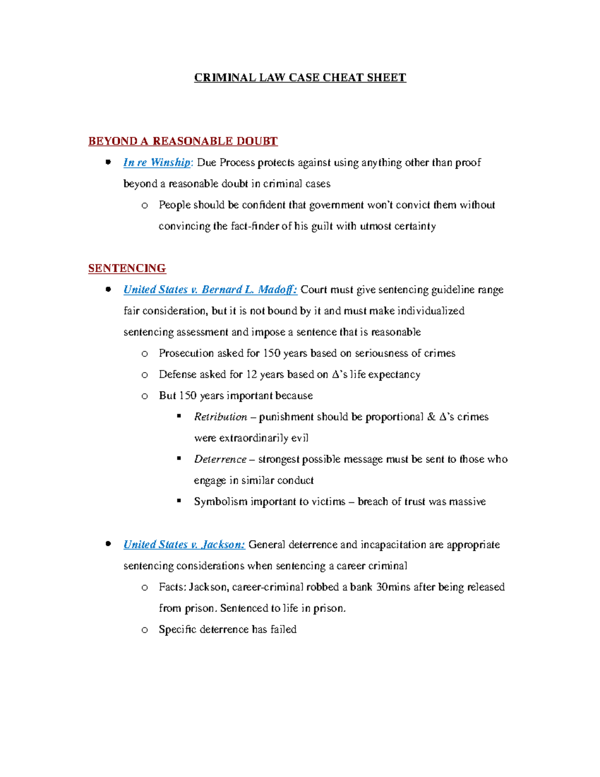 CRIM CASE Cheat Sheet - Summary Criminal Law - CRIMINAL LAW CASE CHEAT ...