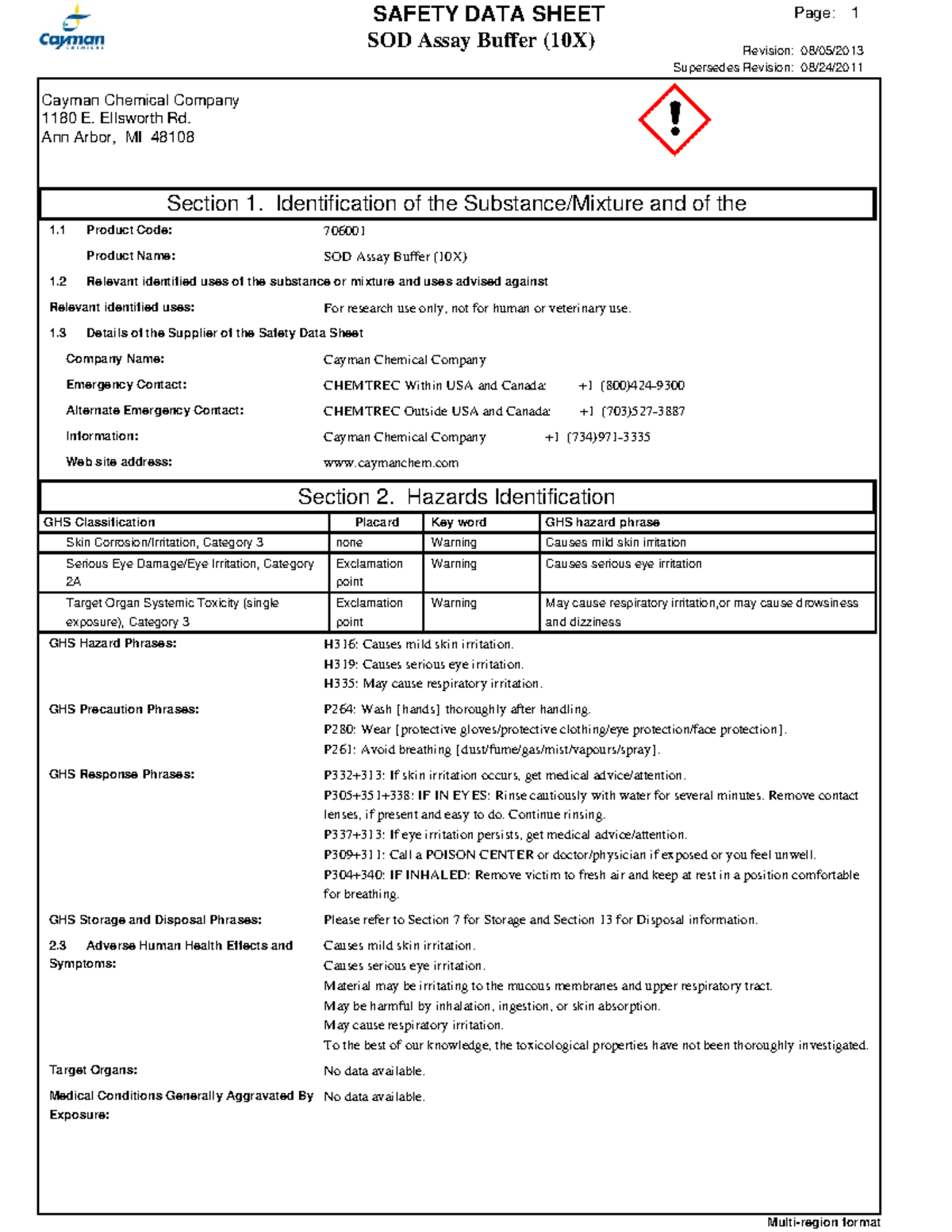 MSDS SOD - Lecture notes 1 - Revision:08/05/ SOD Assay Buffer (10X ...