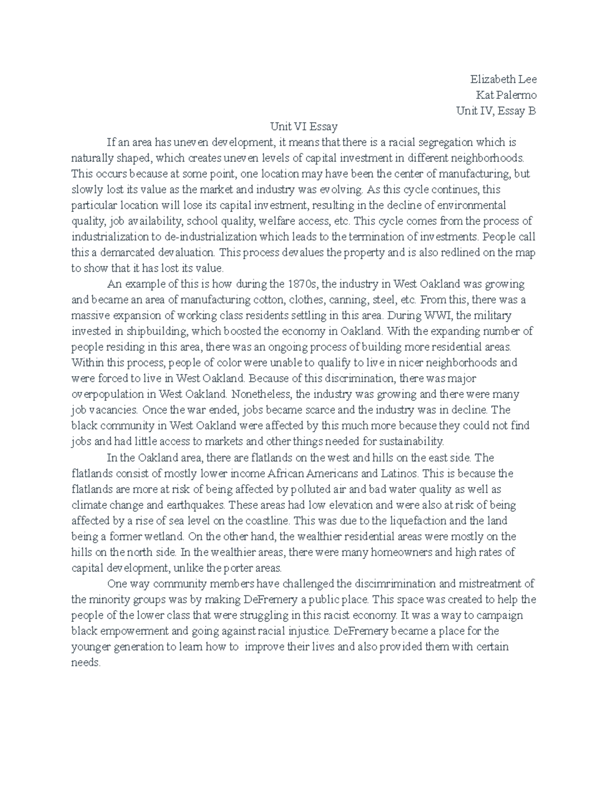 Espm 50 – Fe – Unit Iv Essay, Essay B – Lee, Elizabeth - Studocu