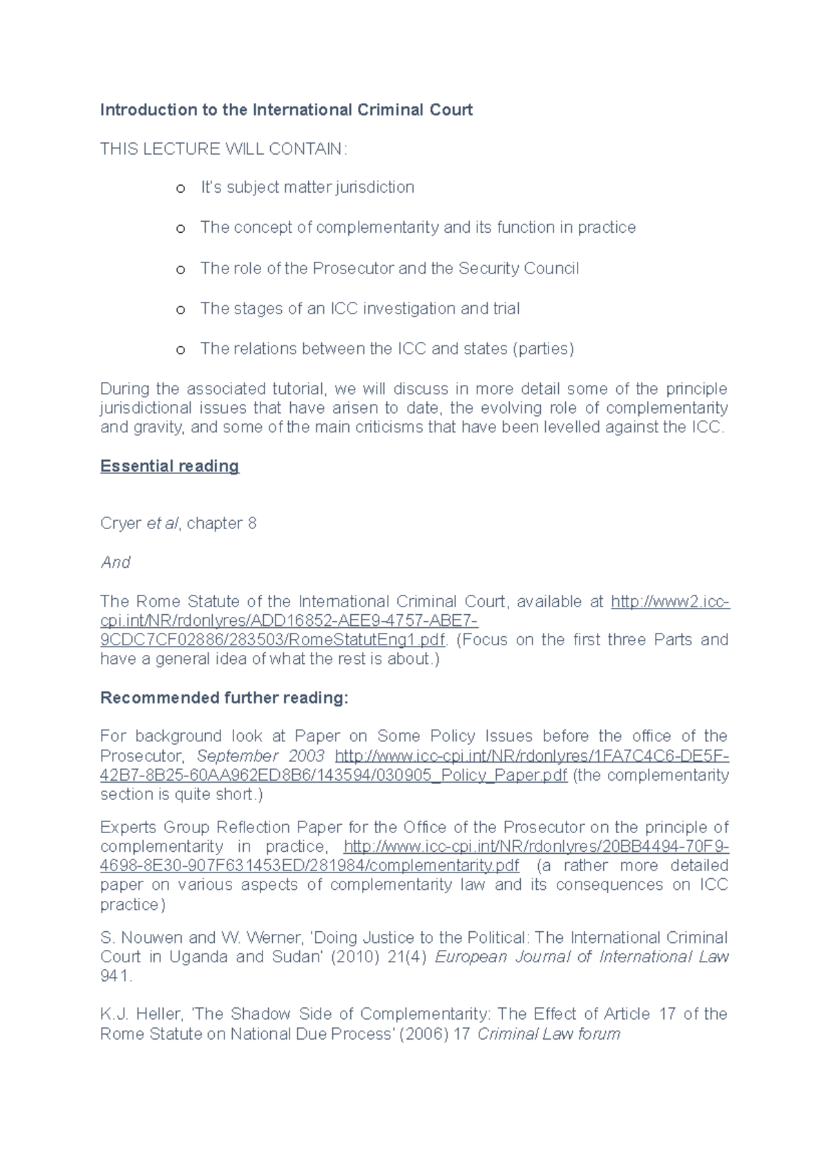 PREP Lecture 5 - Introduction to the International Criminal Court THIS ...