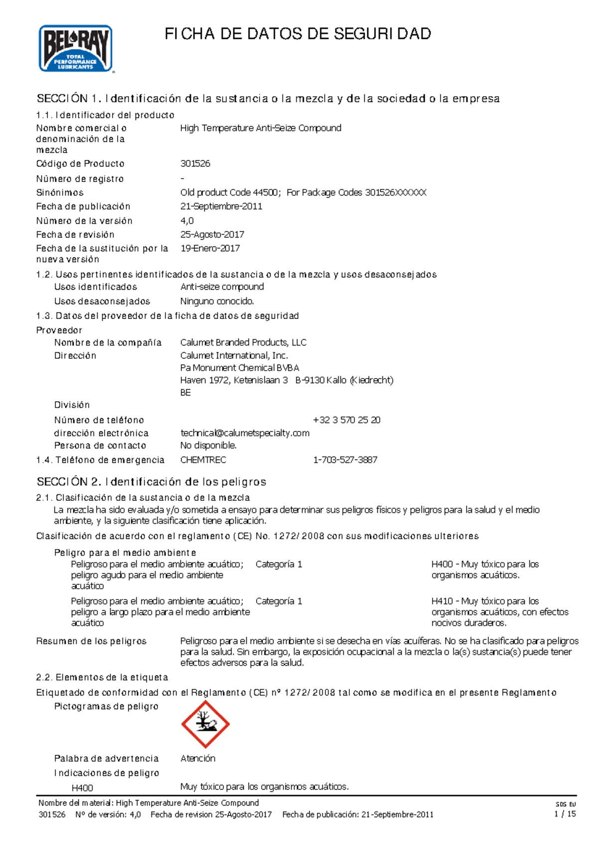 HIGH Temperature ANTI Seize Compound Item 301526 EU Spanish FI CHA