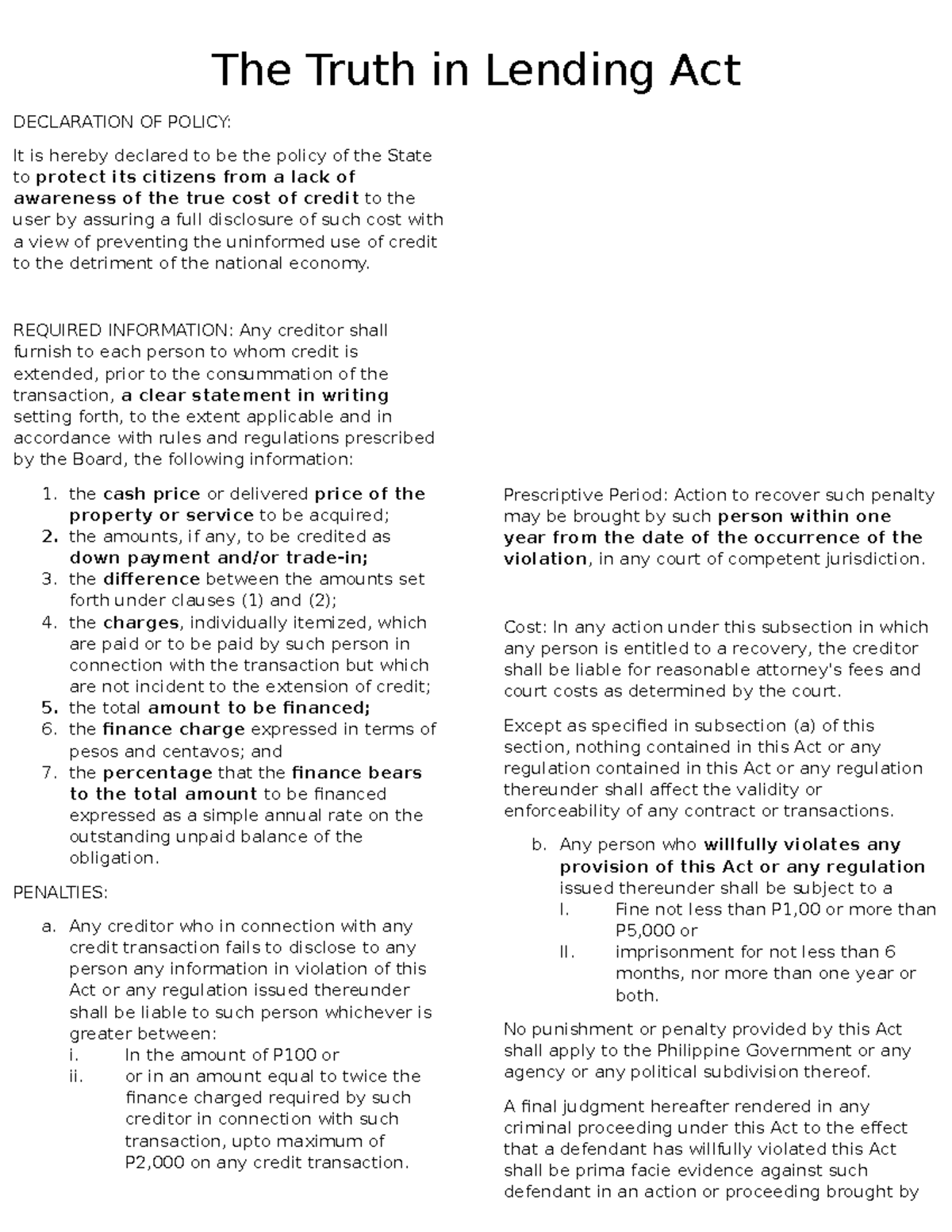The Truth in Lending Act - The Truth in Lending Act DECLARATION OF ...