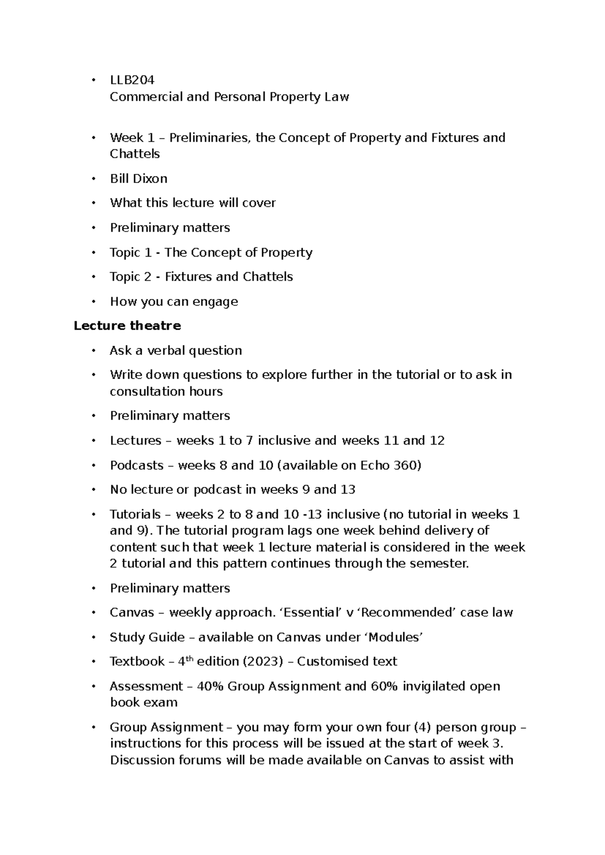 LLB204 WK1 notes - • LLB Commercial and Personal Property Law Week 1 ...