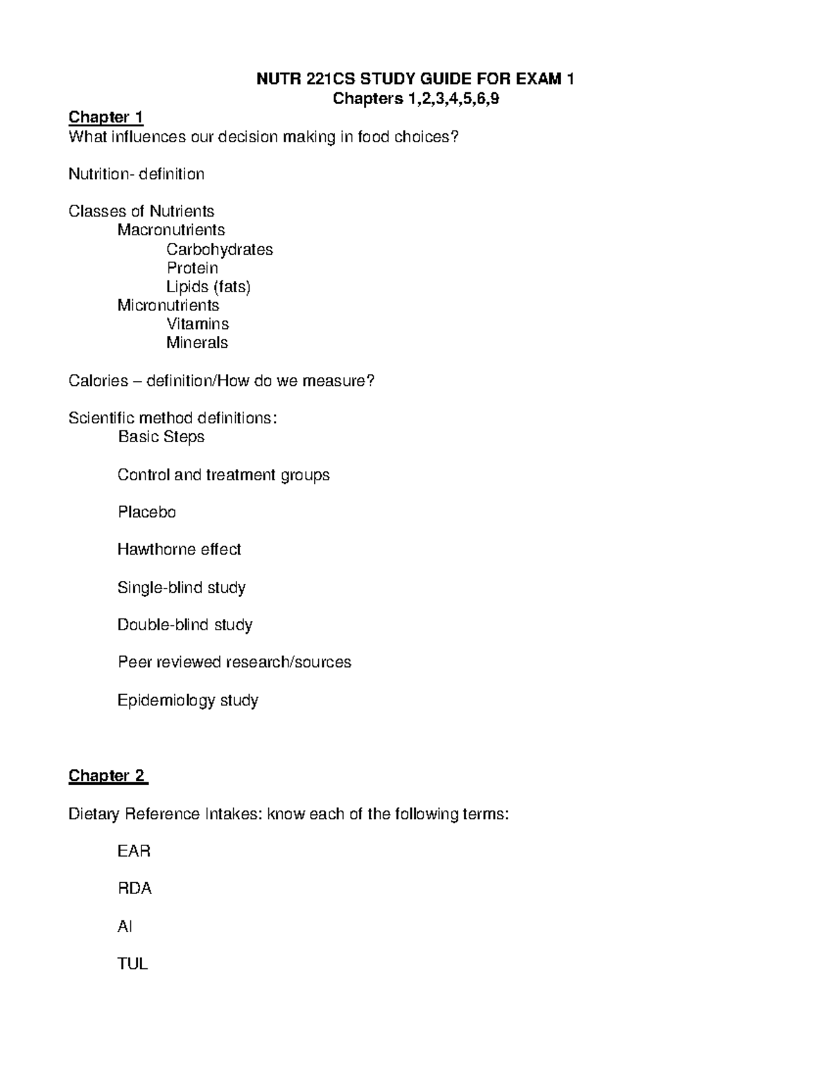 Exam 1 Study Guide - NUTR 221CS STUDY GUIDE FOR EXAM 1 Chapters 1,2,3 ...