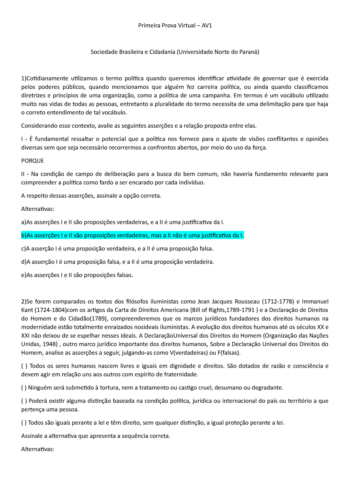 Avaliaçao Sociedade Brasileira E Cidadania - Av1 - Primeira Prova ...