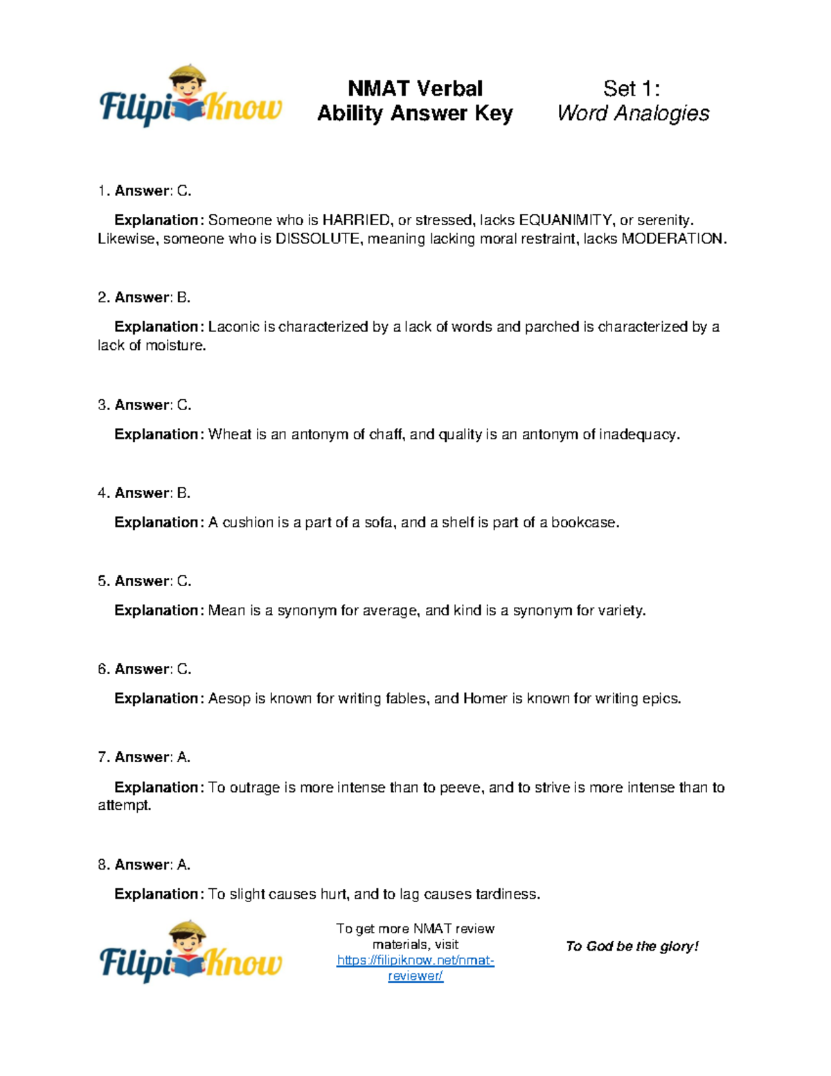 NMAT Verbal Ability Answer Key Set 1 - Ability Answer Key Word ...