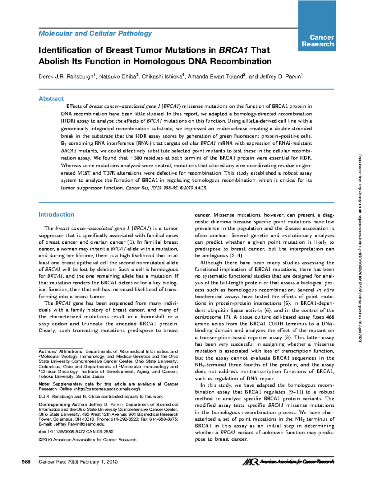 Identification of Breast Tumor Mutations in BRCA1 That Abolish Its ...