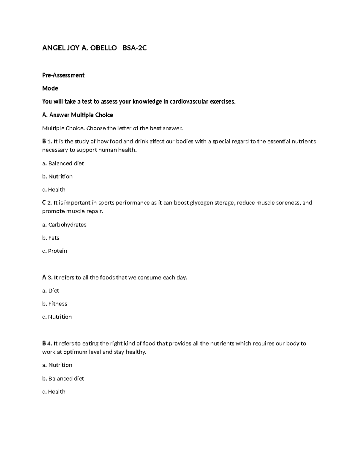 Pathfit assessment - ANGEL JOY A. OBELLO BSA-2C Pre-Assessment Mode You ...