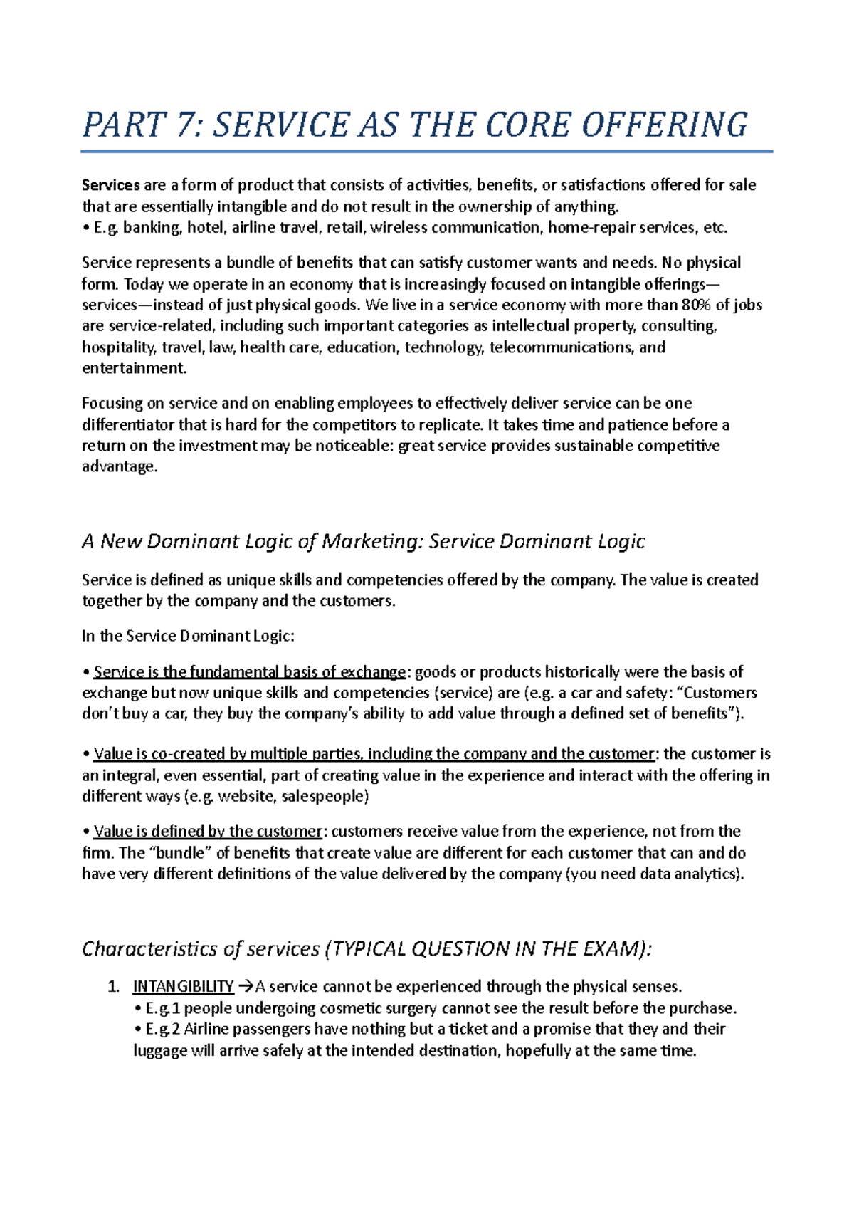 PART 7 - Lectures notes from the slides - PART 7: SERVICE AS THE CORE ...