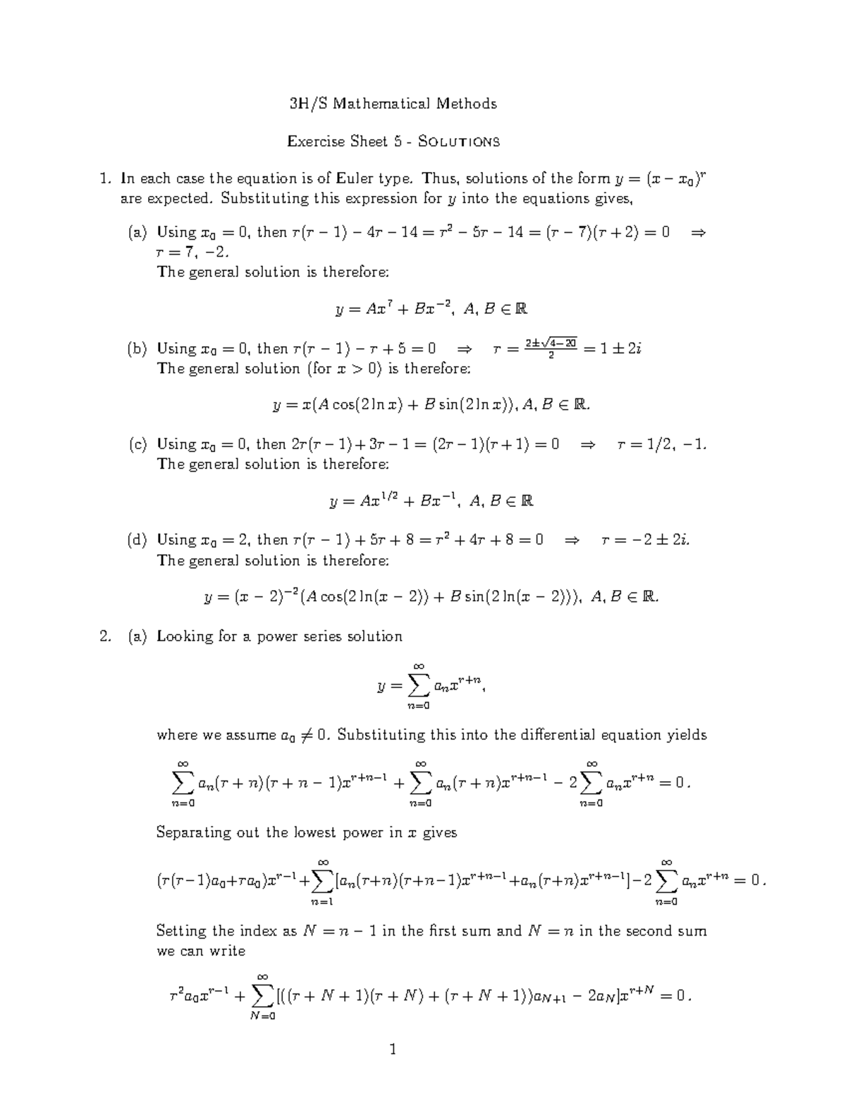 3h Math Meth exsheet 5sol - 3H/S Mathematical Methods Exercise Sheet 5 ...