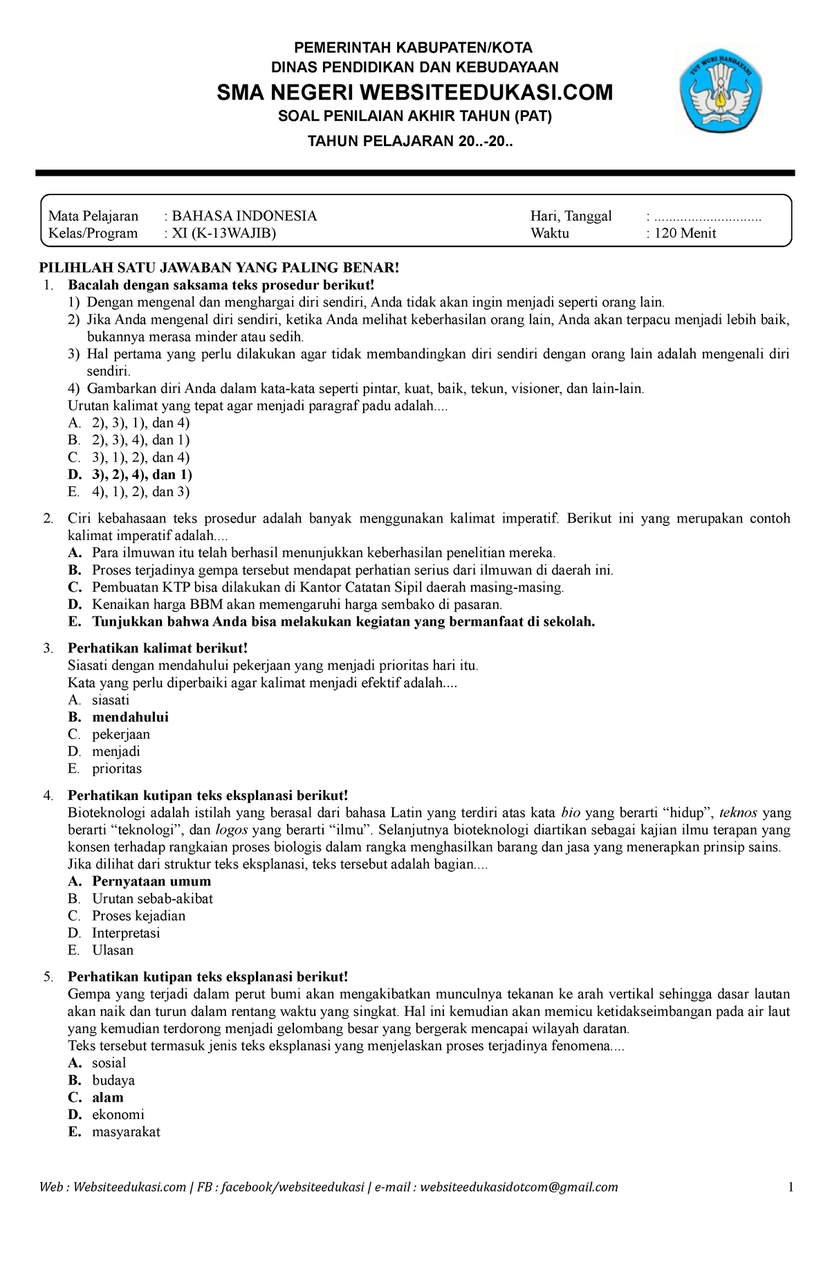 Soal PAT B.Indo Kelas 11 K13 - Websiteedukasi - PEMERINTAH KABUPATEN ...