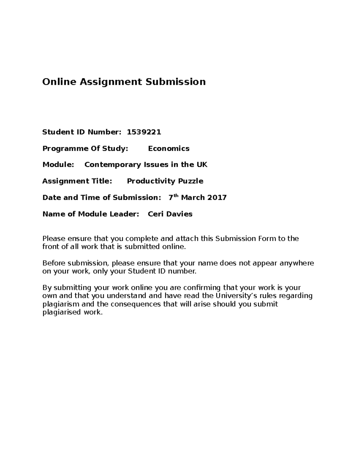 Productivity Puzzle Essay Online Assignment Submission Student ID