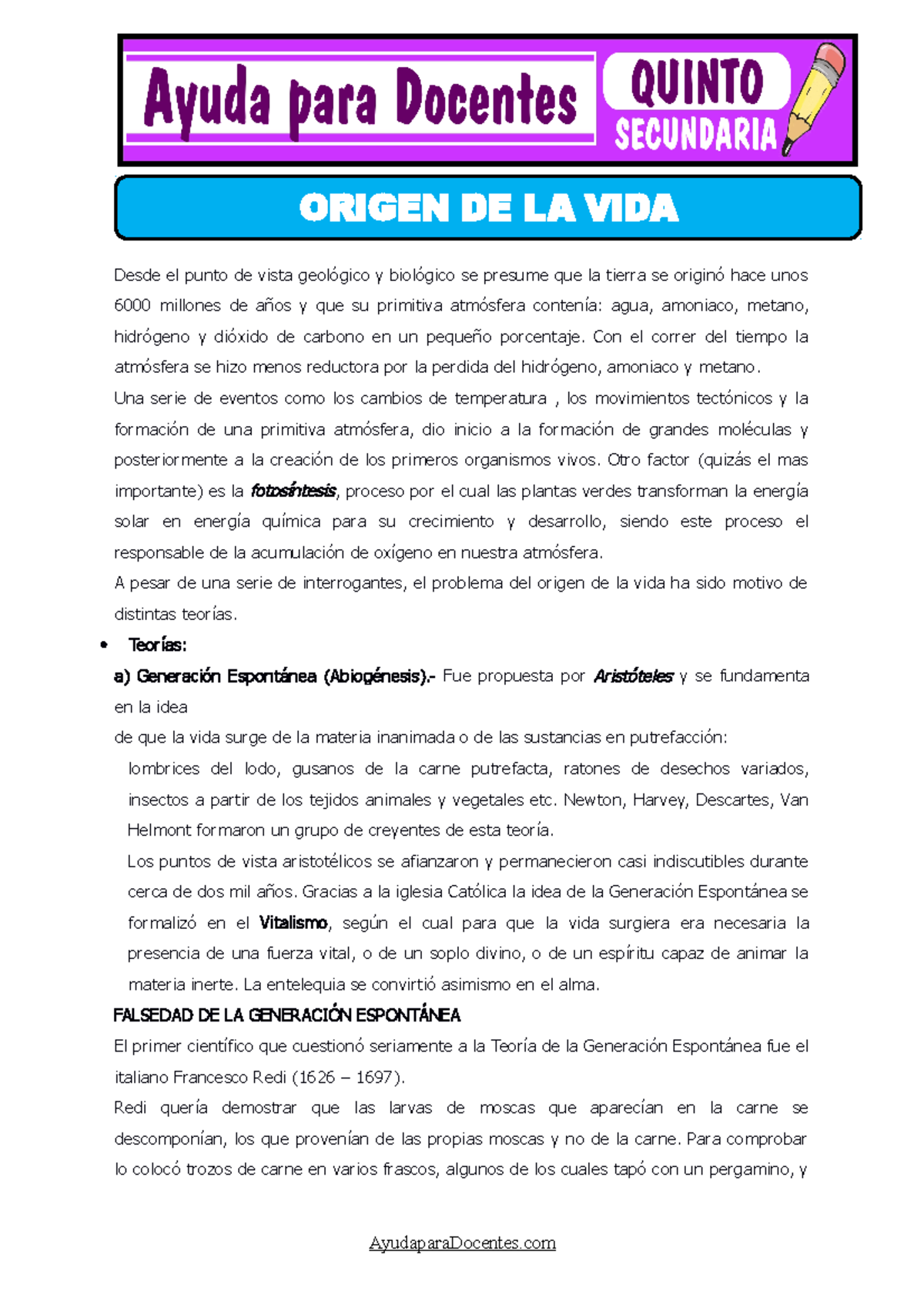 Origen de la Vida Para Quinto de Secundaria - Desde el punto de vista ...