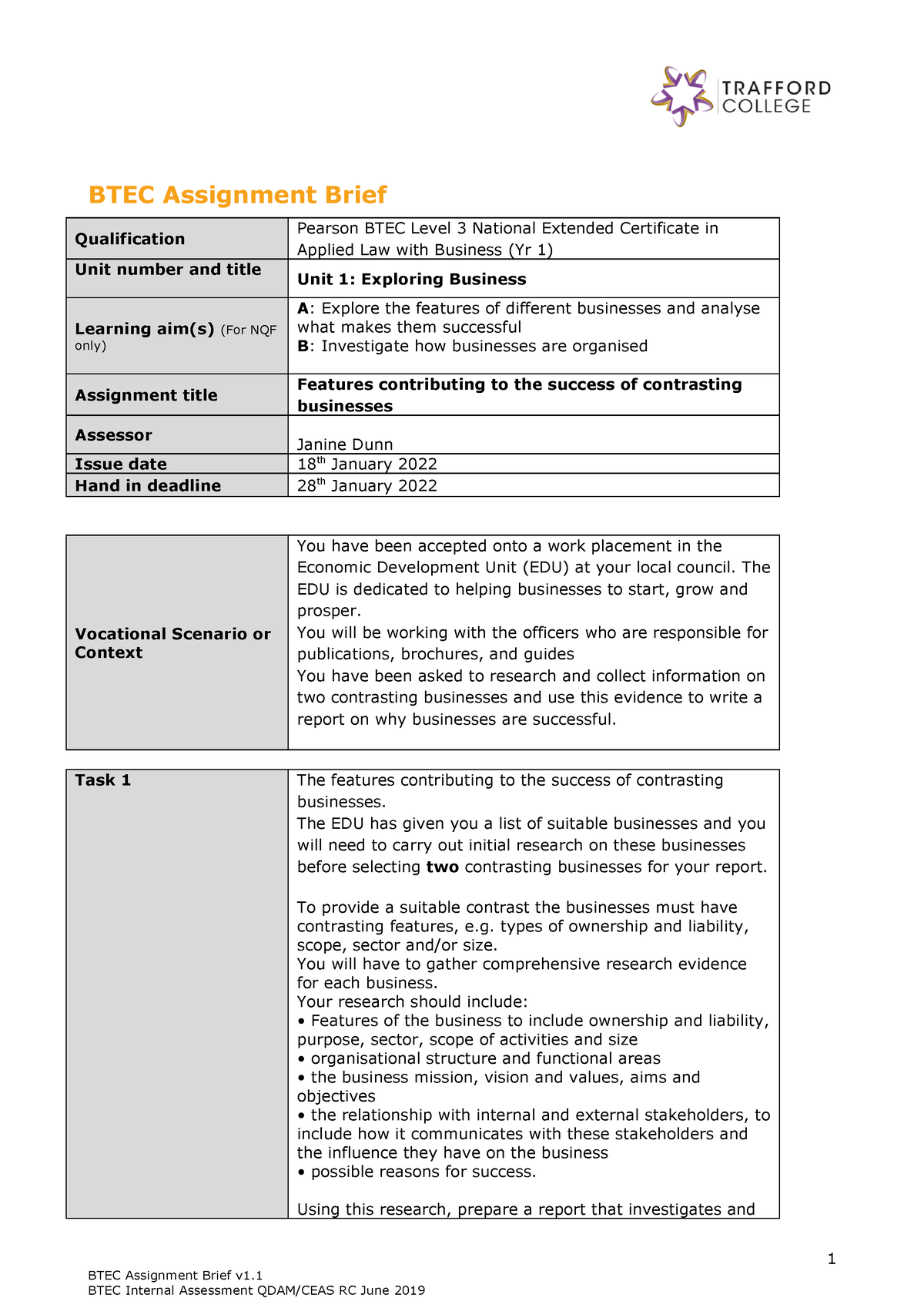 Unit 1 Assignment 1 Exploring Business Group A And B Resub - BTEC ...