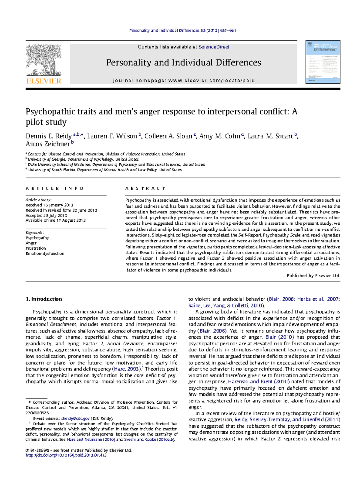Reidy 2013 Psychopathic traits and men's anger response to ...