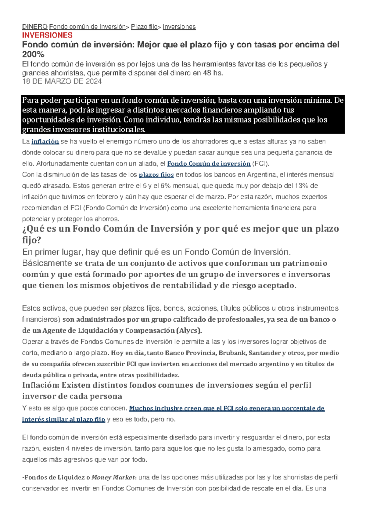 Fondos Comunes de Inversión - DINERO Fondo común de inversión> Plazo ...