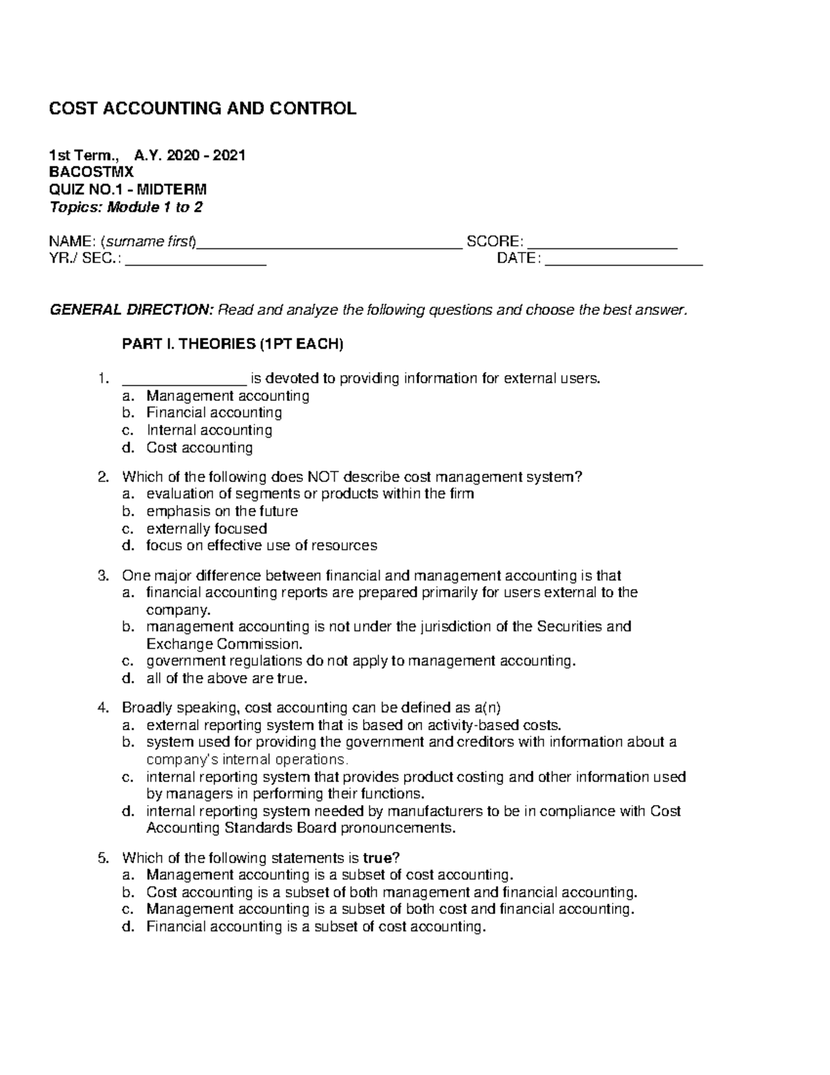 Bacostmx Quiz no.1 Midterm - COST ACCOUNTING AND CONTROL 1st Term., A ...