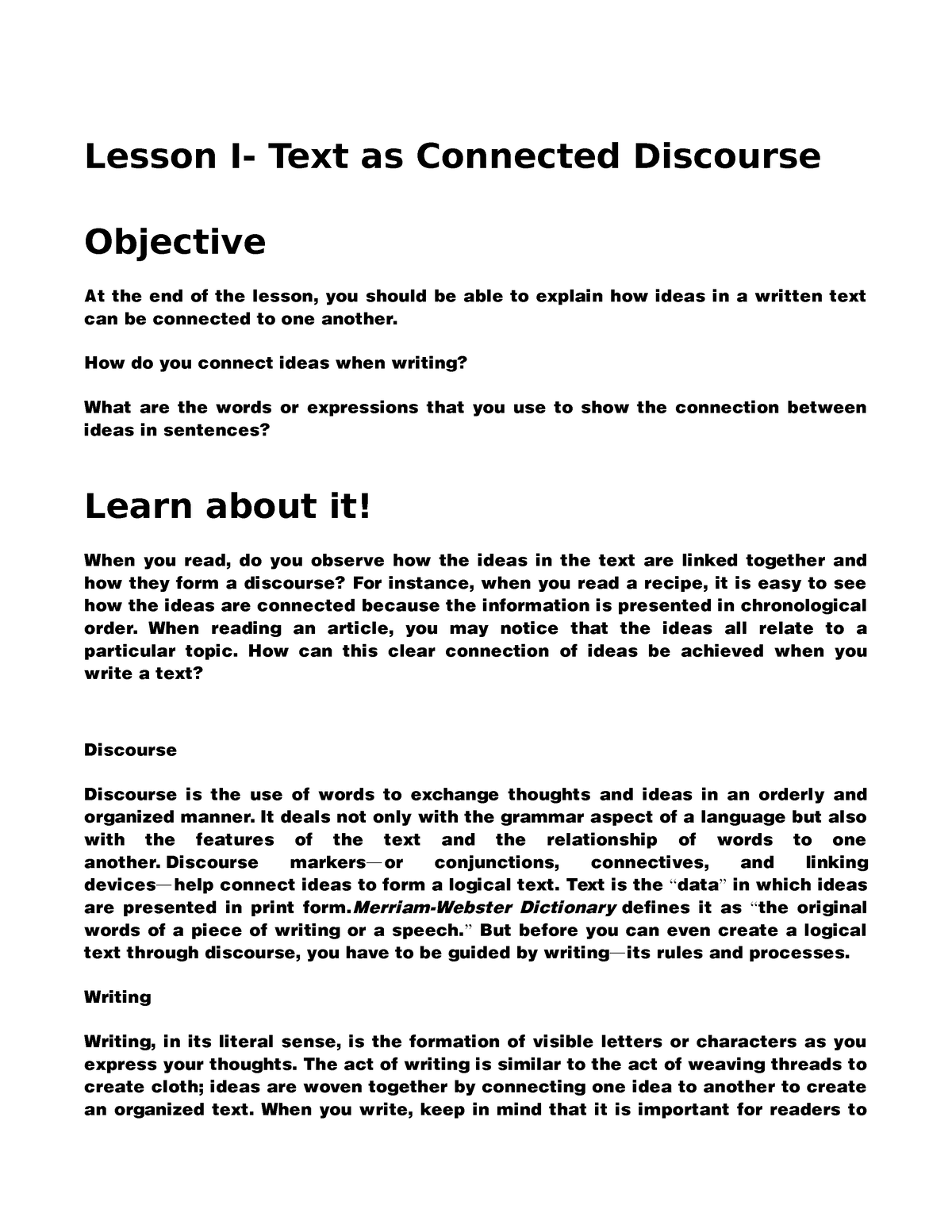 Reading AND Writing MODULE BASIS Lesson I Text as Connected