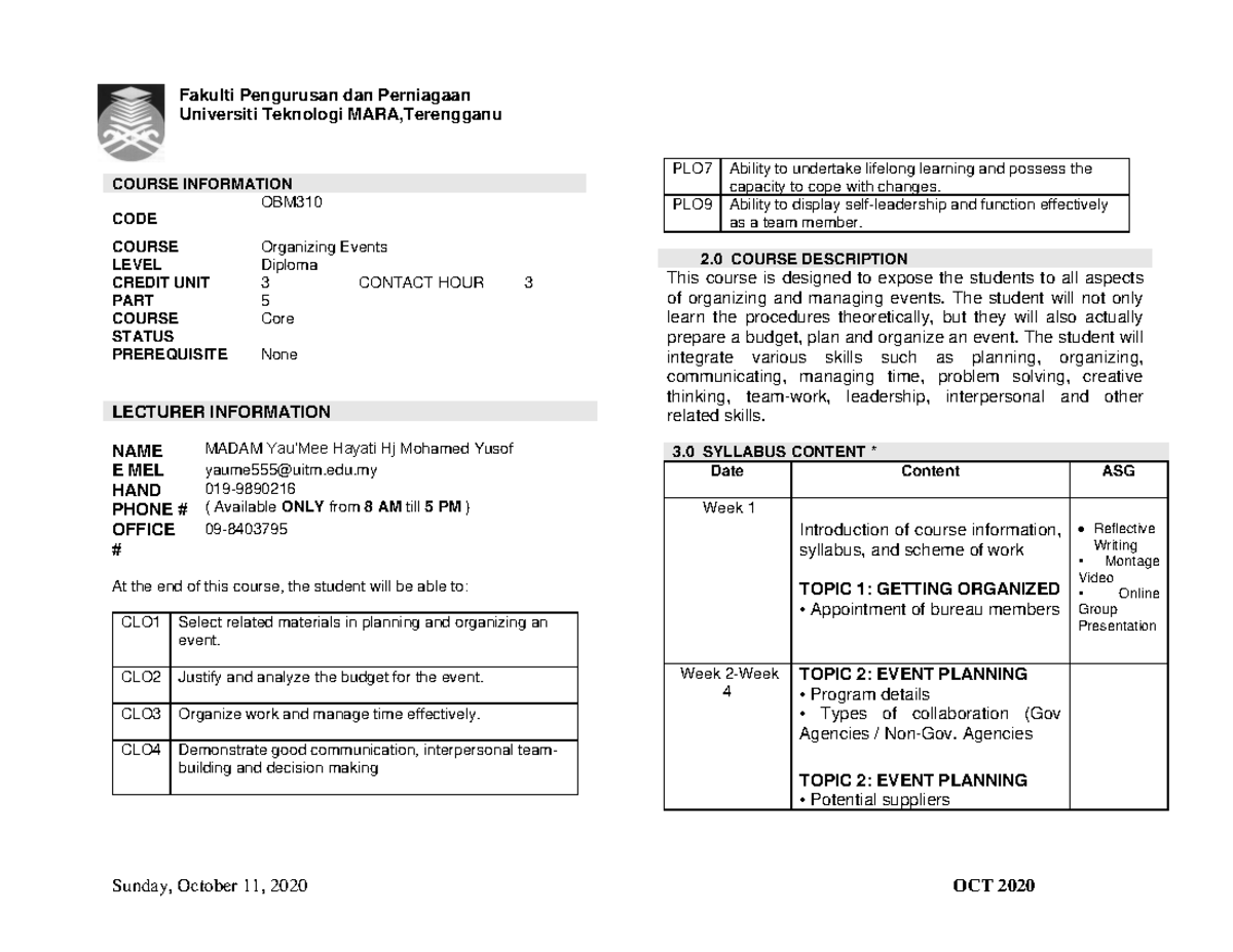 Lesson Plan OBM310 Oktober 2020 - organizing events - UiTM - Studocu