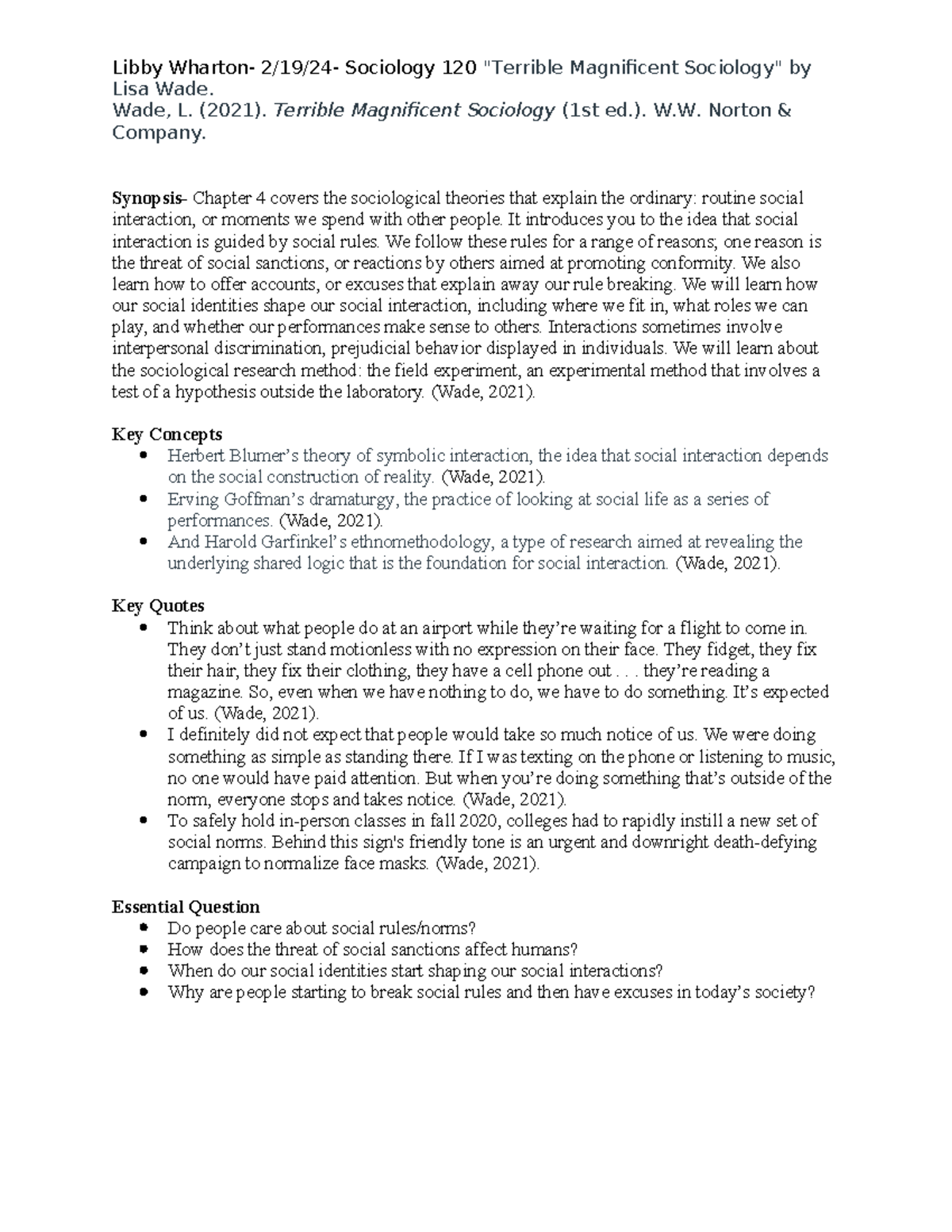 Wharton, Libby- Reading Notes 4 - Libby Wharton- 2/19/24- Sociology 120 ...