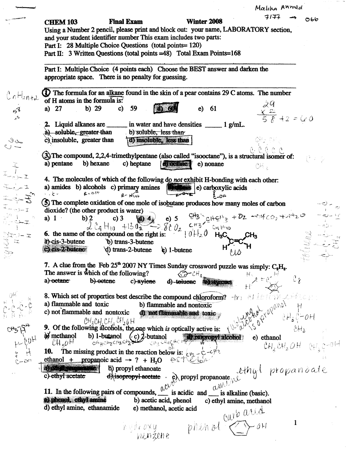 chem 103 practice exam - CHEM 103 Final Exam Winter 2008 Using a Number