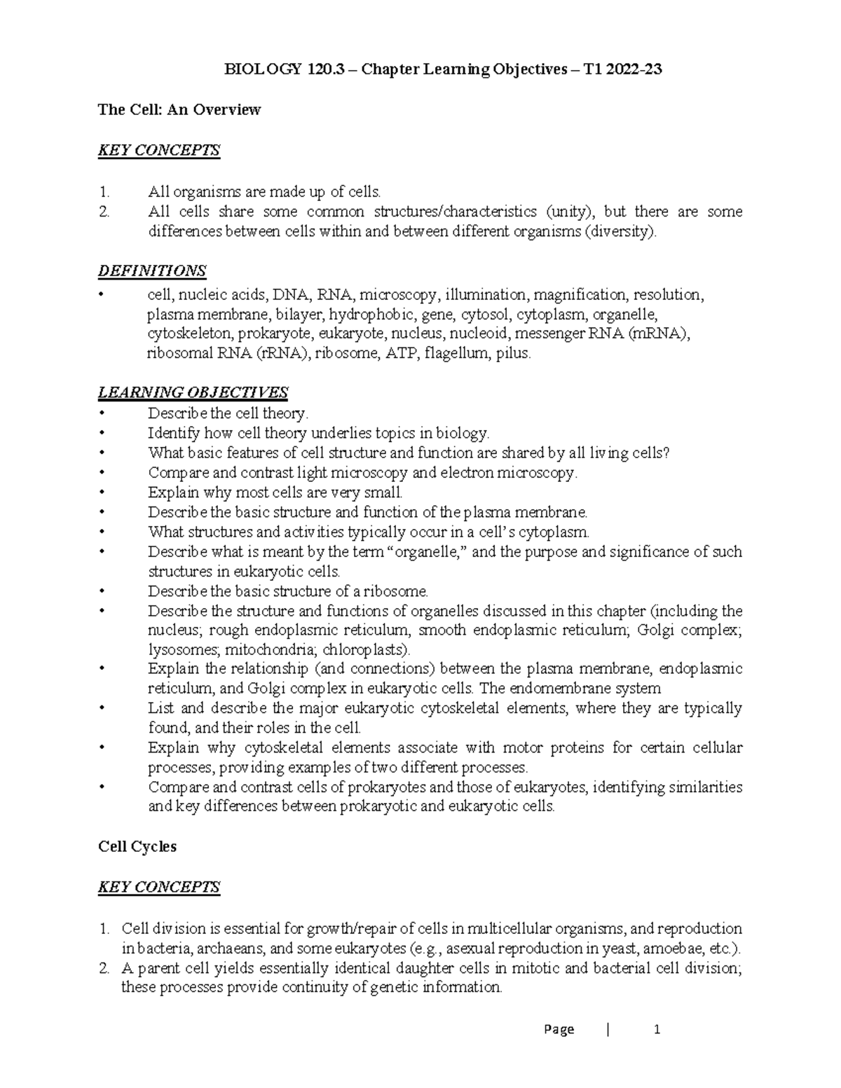 BIOL 120 Learning Objectives BIOLOGY 120 3 Chapter Learning