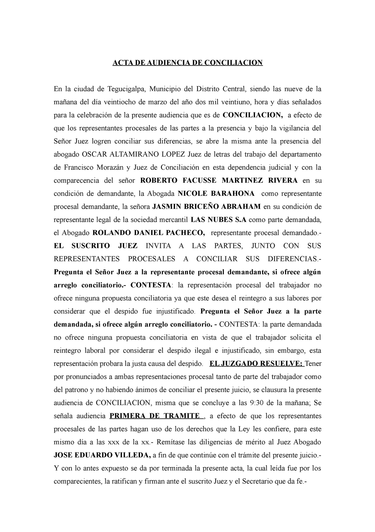 ACTA DE Audiencia DE Conciliacion Laboral - ACTA DE AUDIENCIA DE  CONCILIACION En la ciudad de - Studocu