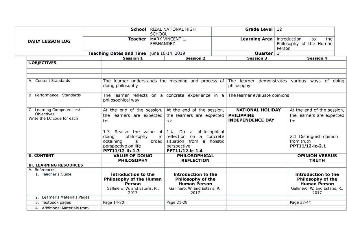 432072867- Daily- Lesson-LOG-IN- Philosophy - DAILY LESSON LOG School ...