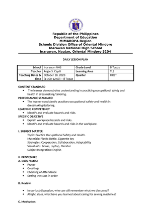 TLE NOV 23 - Lesson Plan On TLE 8 - Republic Of The Philippines ...