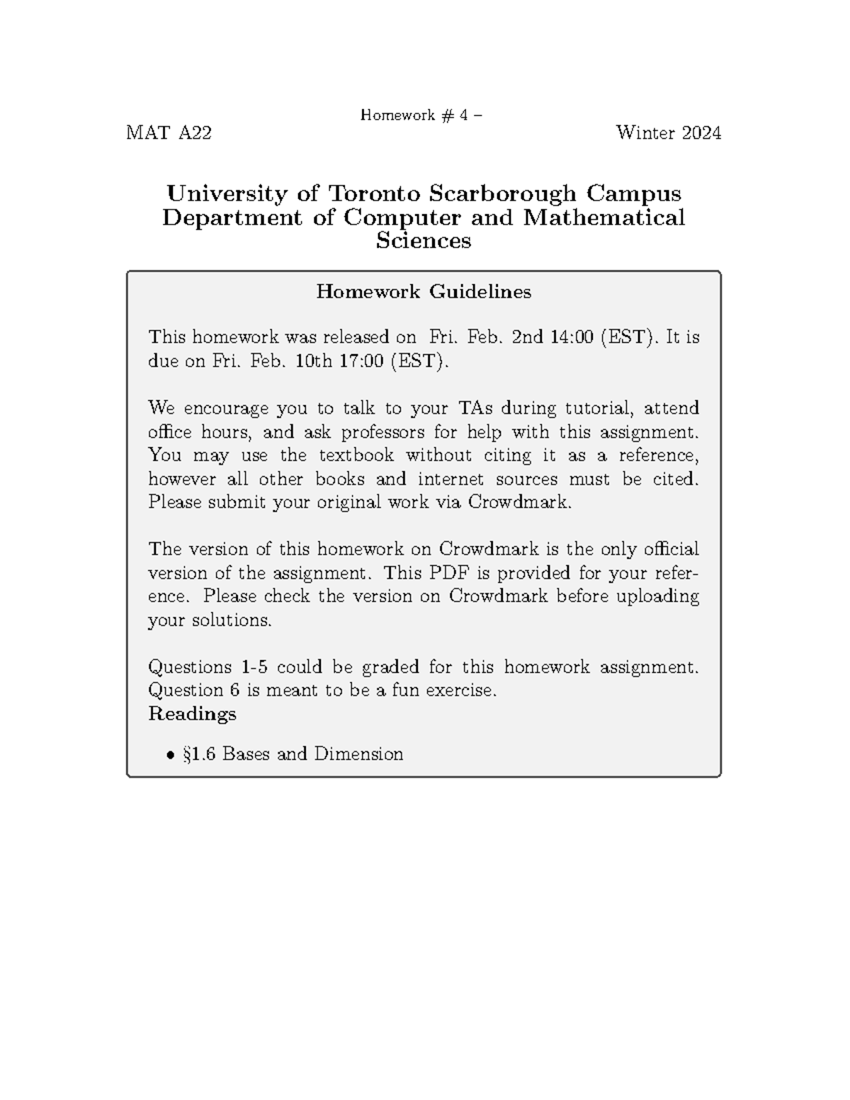 Mat a22 homework 04 - MAT A Homework # 4 – Winter 2024 University of ...