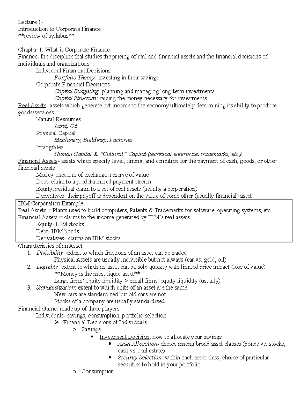 Lecture 1-Chapter 1 - Outline - Lecture 1Introduction to Corporate ...