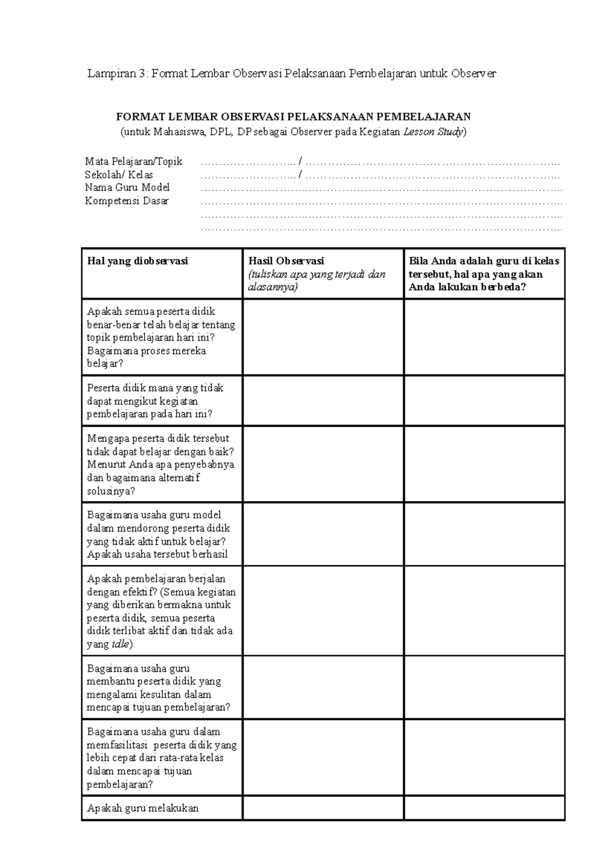 Lampiran 3 - Format Lembar Observasi Pelaksanaan Pembelajaran Untuk ...