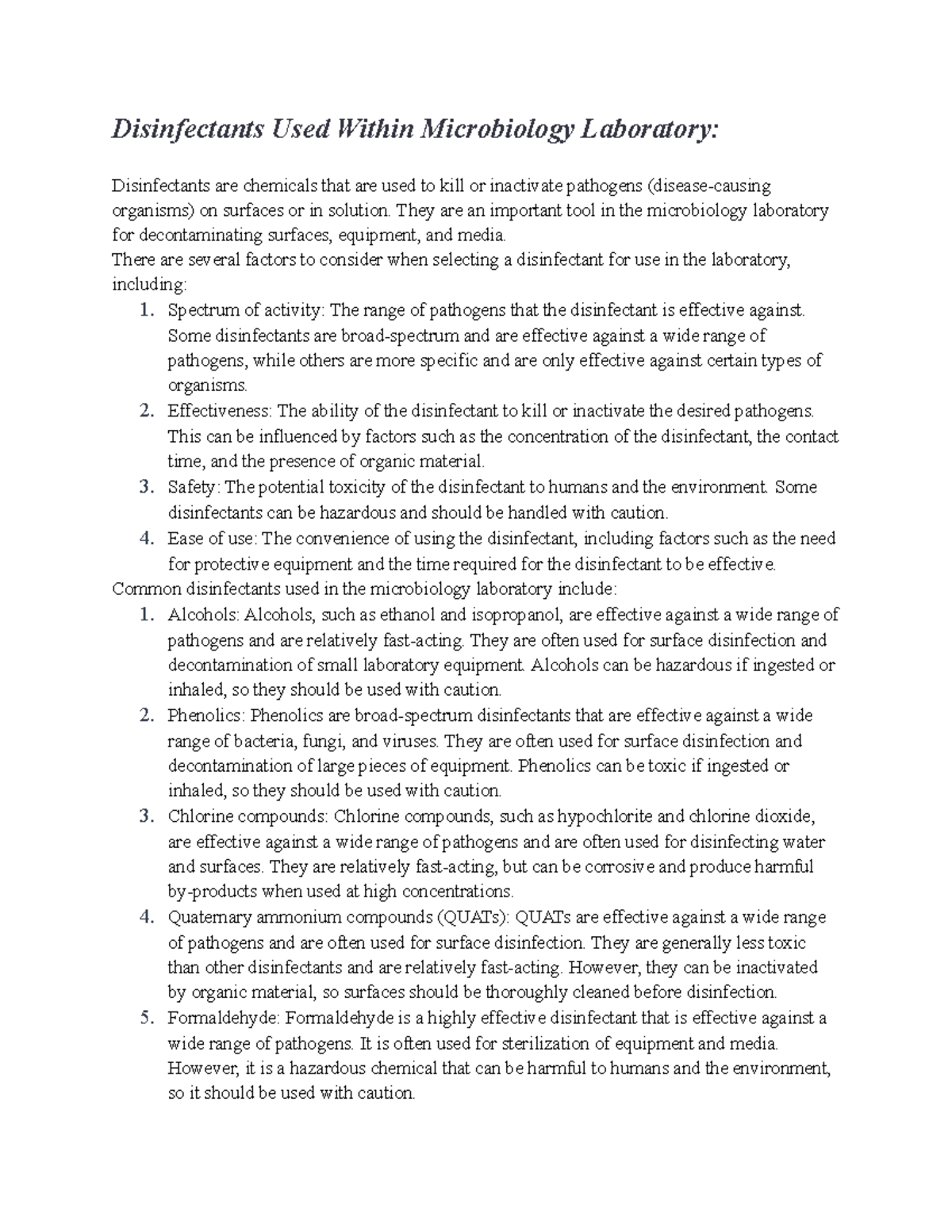 Disinfectants Used Within Microbiology Laboratory Disinfectants Used